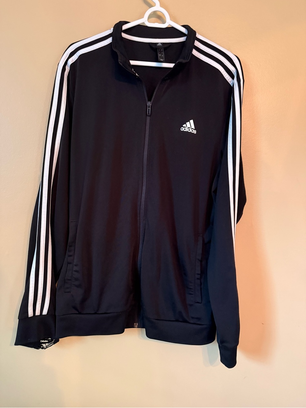 adidas Black 3-Stripe Track Jacket Size L Full Zip Windbreaker Distressed